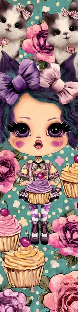 Free kawaii cats bookmark featuring cupcake kawaii cats with a girl